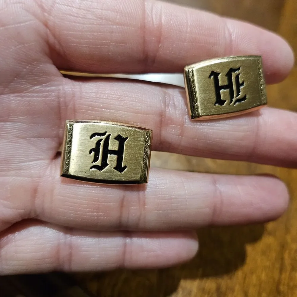 Vintage HICKOK USA Gold Tone Initial F Monogram Cufflinks Classic Men's Letter H